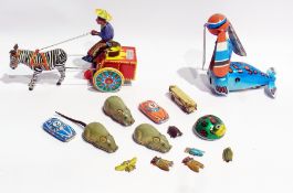 Quantity of modern tinplate to include plane, horse and cart, man on scooter, boats, Tobar "Merry-