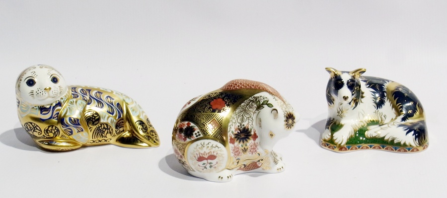 Three Royal Crown Derby paperweights with gold buttoned bases viz:- "Border Collie" No.768/2500, "