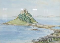 Watercolour
D.P.Servils(?) (1995-)
"St Michael's Mount, Cornwall", 25cm x 35cm and 
Watercolour