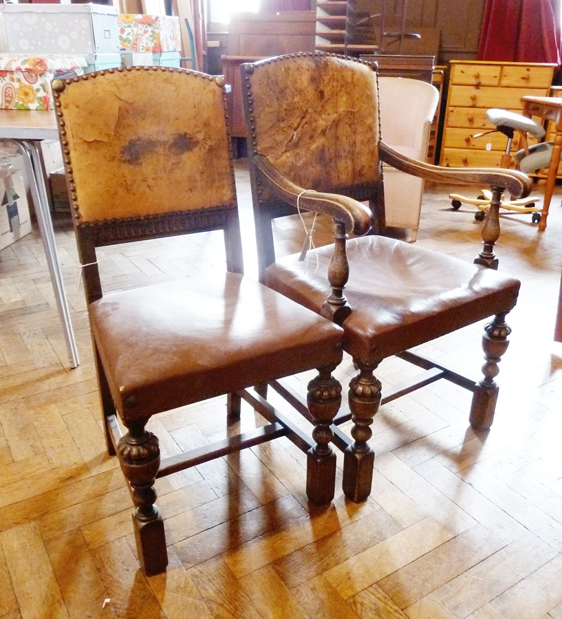 Set of six Cromwellian style dining chairs, all with brass studded leather back, stuffover seat on