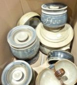 Quantity of stoneware kitchen items to include tea, sugar and coffee pots and other items (1 box)