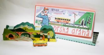 Kovap replica 1:120 tinplate Mountain Railway, boxed, another and a Schuco re-issue Grand Prix Racer