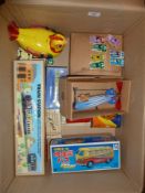 Chinese modern tinplate "School Bus", "VW" boxed, Schylling "Train Station" boxed, JR train boxed,