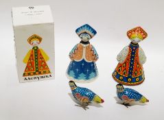 Three Russian tinplate clockwork ladies (1 box) and five clockwork tinplate chickens (1 box)