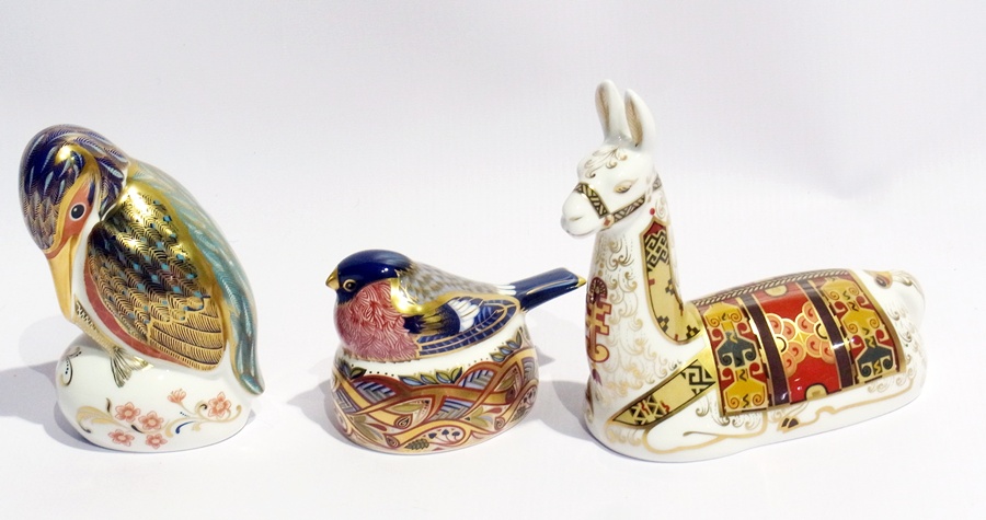 Three Royal Crown Derby paperweights, two with gold stopper, one with silver stopper viz:- "