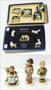 Set of four Wade whimsies, Set No 1, boxed and another set, Set 2 (5) quantity, three Goebel figures