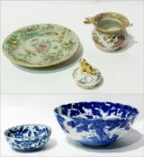 Oriental blue and white porcelain bowl, foliate branch decorated, Three pieces Canton porcelain,