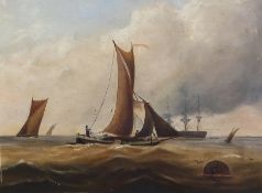 Oil on canvas
19th Century Primitive School 
Seascape with fishing boats, with man o war in