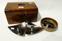 A figured walnut workbox, pewter mug, set of three stainless steel candle-holders, whistle, pair