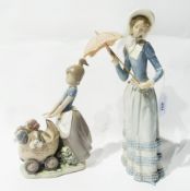 Lladro figure of lady in bonnet carrying a parasol and another figure group of a young girl