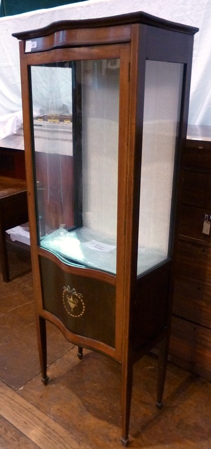 An Edwardian mahogany serpentine front display cabinet, the glazed door enclosing glass shelves on