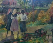 Oil on canvas
C.J. Ross 
Girls walking through a town park, signed and dated 1950, 45 x 55cm