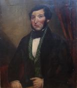 Oil on canvas
19th Century English Primitive Schhool
Half-length portrait of a gentleman, seated,