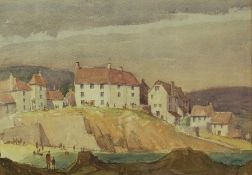 Watercolour
M Webb (20th Century)
Kings Sand, Cornwall, summer scene seaside village with figures on