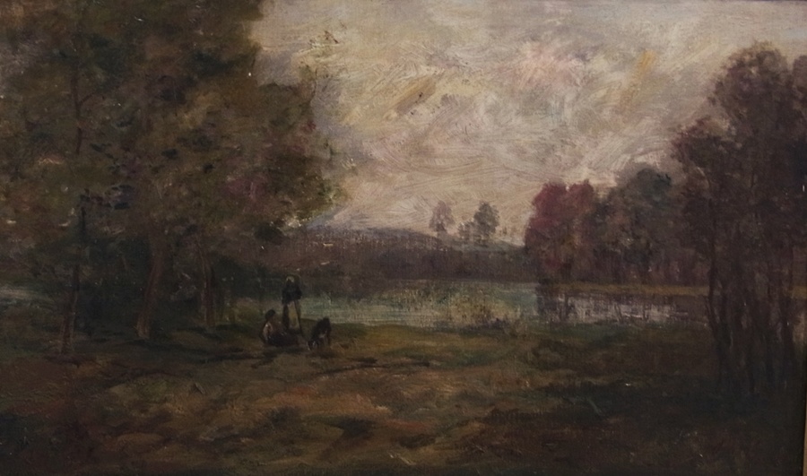 Oil on board
19th Century English School
Figures by a lake in a woodland setting, unsigned, 30 x
