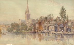 Watercolour
Tom Hunn (1878-1908)
Norwich Cathedral from across the river, by Old City Gate, with