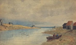 Watercolour
19th century English School 
Estuary scene with figures, boats and boathouses, unsigned,