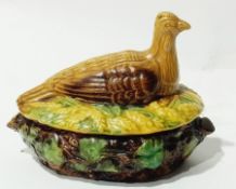 Victorian Majolica hen small game pie dish, the hen seated on corn and ivy base, 19cm long