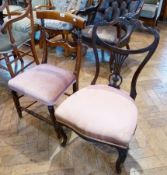 A mahogany bedroom chair, with slatback, pink upholstered seat, turned supports, united by
