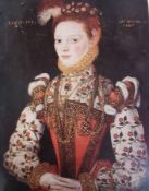 Colour print on board 
Half length portrait of Elizabethan Lady, probably Elizabeth I and a