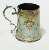 Victorian silver christening mug by A. Beardsall and Co, straight sided and tapered, repousse with