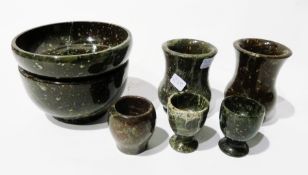 Quantity Cornish serpentine type stone vases, eggcups and bowls