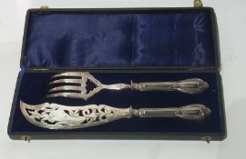 Pair Victorian EPNS fish servers, engraved and pierced with beaded handles, in case