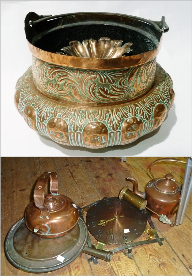 Arts and Crafts style embossed copper cauldron, allover acanthus leaf decorated with iron handle,