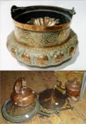 Arts and Crafts style embossed copper cauldron, allover acanthus leaf decorated with iron handle,