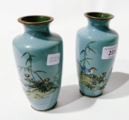 Pair Japanese cloisonne on metal vases, each shouldered and tapering, decorated with bird, rocks and