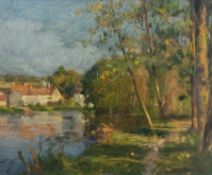 Oil on canvas
Pastoral scene with riverside village and woodland, unsigned, 37 x 46cm
