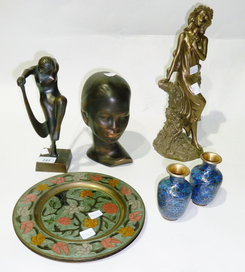 Metal Art Deco style figure of girl dancing, two female busts, three metal effect female figures and