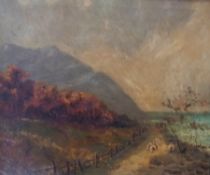 Oil on canvas
19th Century Primitive School
Landscape, sheep on country lane in a mountainous