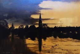Oil on canvas
John Barber (Contemporary) 
Study of a riverside village scene at sunset, signed and