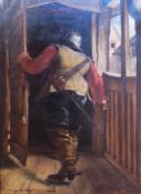 Oil on canvas 
19th century English School
Roundhead trooper approaching a manor house, unsigned, 60