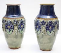 Pair of Royal Doulton Lambeth inverse baluster shaped vases, no.8133, 1912, blue and green foliate
