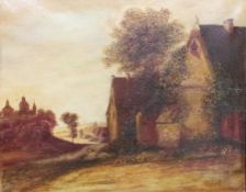 Oil on canvas
Unattributed
Continental country scene with cottages in landscape
Unsigned, in gilt