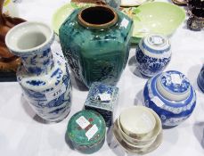 Oriental blue and white vase, ginger jar with cover, hexagonal vase in green glaze, quantity of