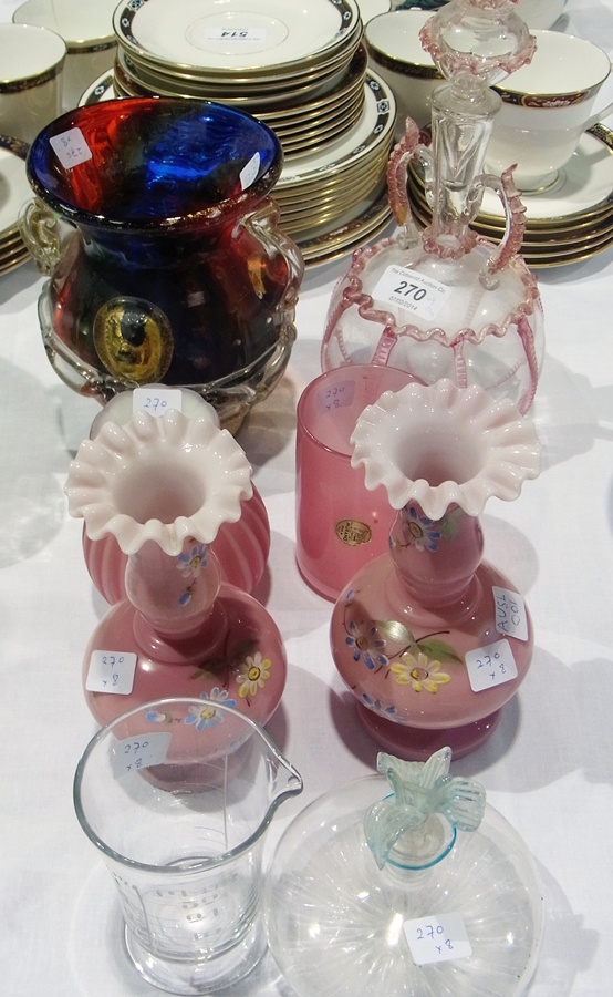 Pair cased opaline glass vases, with pink frill top, pink with handpainted flowers, Venetian clear