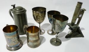Quantity silver-plated tankards, goblets, microscope and a Victorian pewter presentation ale mug