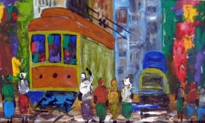 Oil on board
Contemporary Brazilian school 
Study of a downtown scene with trams and other