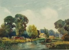 Watercolour
George Grainger Smith (20th Century)
Bourton on the Water outside village with cattle by