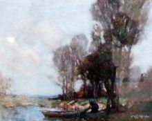 Oil on canvas
W.Watt Milne (1865-1949)
Rowing boat in river with figures in landscape
Signed, in