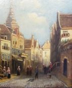 Oil on board
J.Wit(?) 20th century Dutch school
View of cobbled street in town
Signed