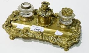 19th century brass and glass inkstand, with pair glass inkwells, central candle-holder, all