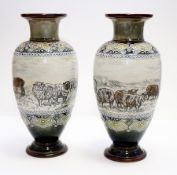 Pair of Royal Doulton Hannah Barlow inverse bolster shaped vases, sgraffito decorated with sheep