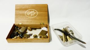 Quantity military buttons and badges, vesta case, horn letter opener, bobbin case, eye glass,