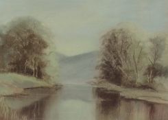 Watercolour
Molly Secret (Contemporary)
River landscape with woodland and mountainous background,