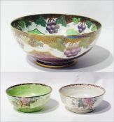 Mailing purple and green lustre decorated bowl, fruiting vine decorated, and  two smaller floral
