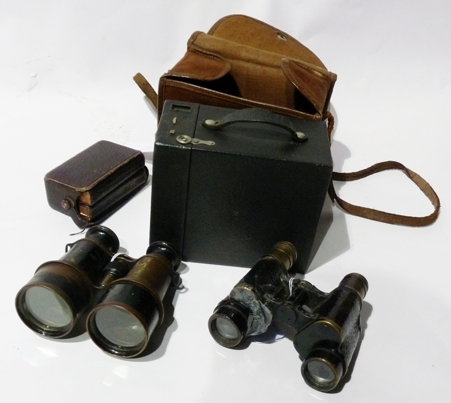 Pair field glasses, another pair binoculars, boxed camera and a pocket common prayer and hymn book